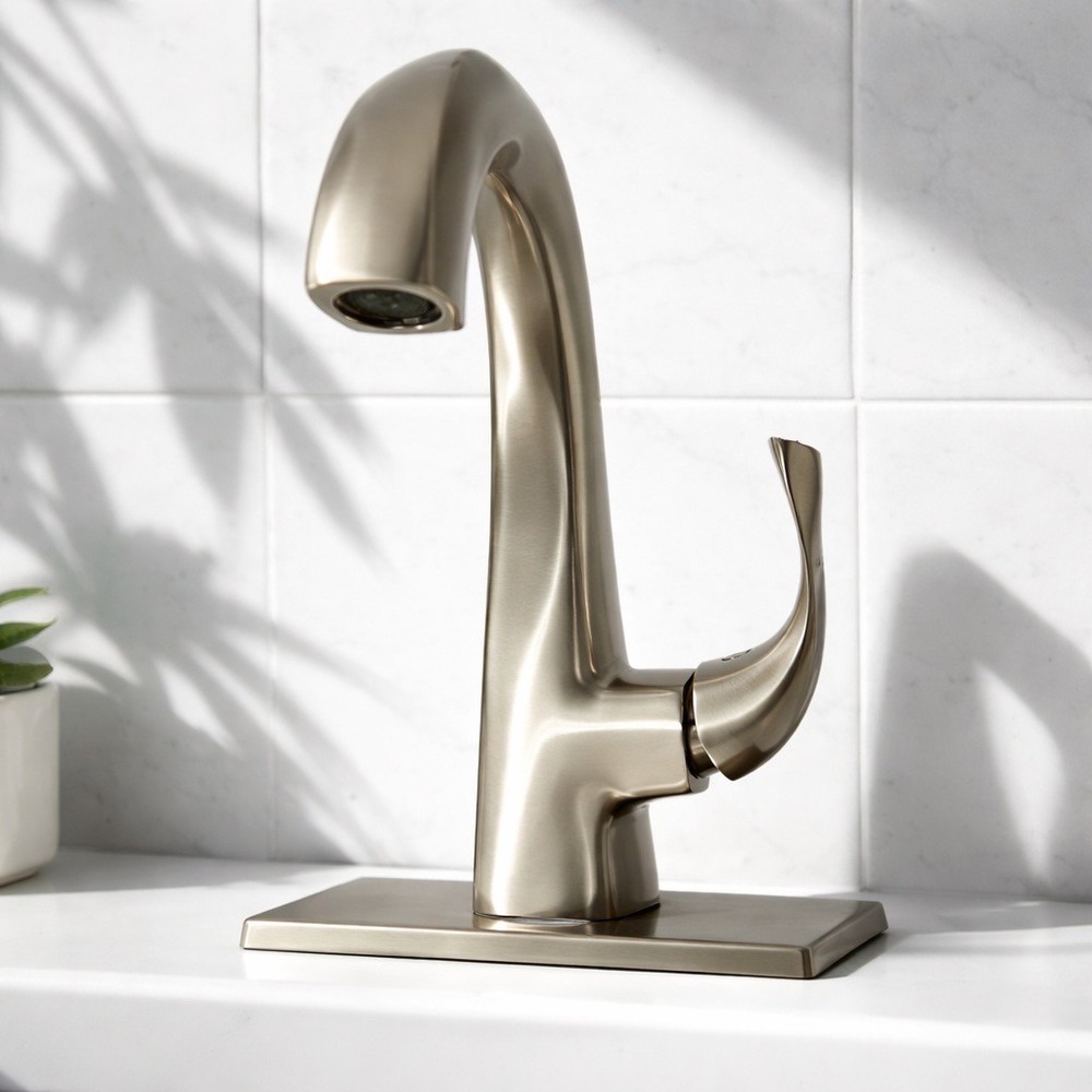MONMOM Single Handle Bathroom Faucet Brushed Nickel High Arc with Pop-Up Drain